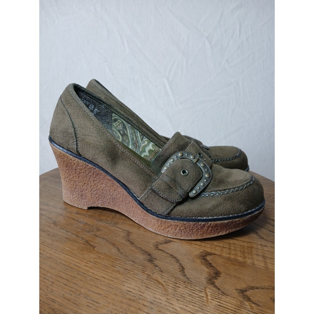 Lower East Side Vtg Y2K Platform Wedge Green Oxford Loafer Buckle Academia Sz 7